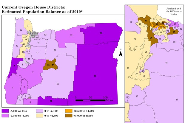 Estimated population shifts maps &mdash; State lawmakers estimated population shifts with data from the American Community Survey. Census 2020 numbers, which they will use to draw the official maps, may still be different. - BY OREGON LEGISLATIVE POLICY AND RESEARCH OFFICE