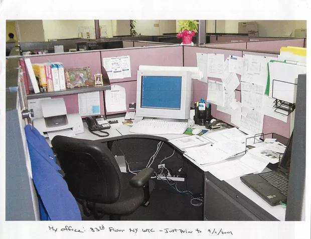 Chuck Allen's desk at his office on the 83rd floor of the World Trade Center. "I thought to myself, well, they probably won't let us back in the building this afternoon, So, I better take my backpack," he recalled thinking after the first plane struck. - COURTESY OF CHUCK ALLEN