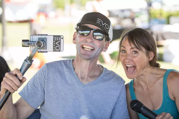 Fox and Jaymo storm the emcee stage at the 2017 Bend Paddleboard Challenge, foreshadowing their future Trail Tales collaboration. - JILL ROSSELL