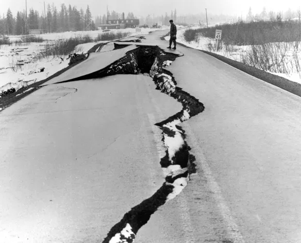 A scene from the Alaska earthquake of 1964, showing roads with damage not unlike some from this week's quake. - US ARMY