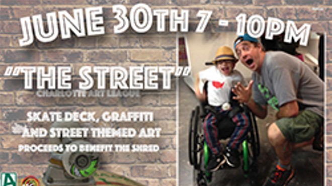 The Street skate deck, graffiti and street themed front gallery art show at Charlotte Art League.