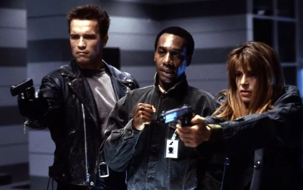 Arnold Schwarzenegger, Joe Morton and Linda Hamilton in Terminator 2: Judgment Day (Photo: Warner Bros.)