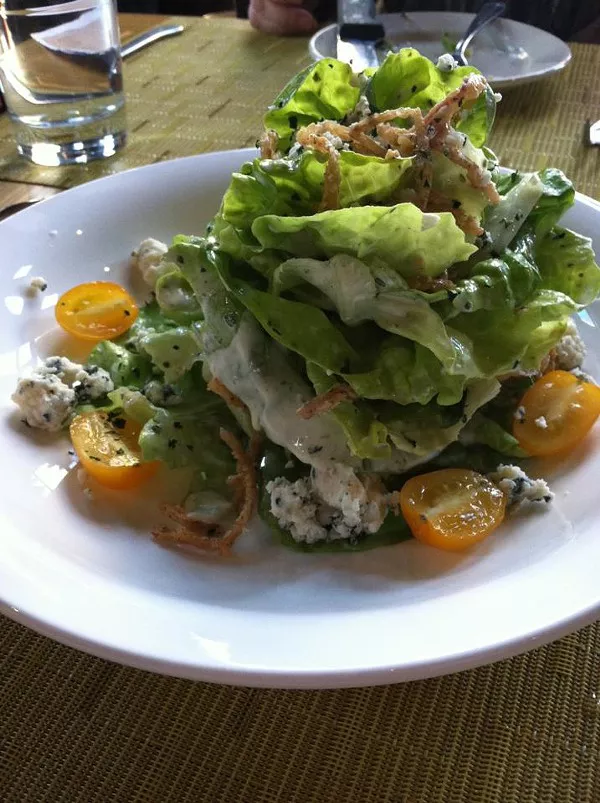 Bibb salad with Maytag crumbled bleu, heirloom tomatoes, crispy onions and Green Goddess dressing