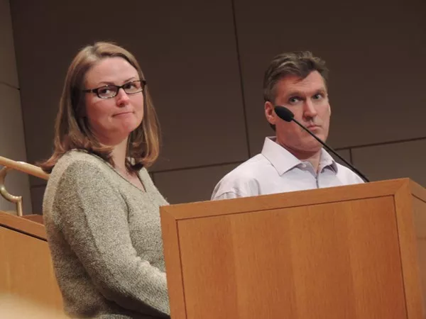 Cynthia Schwartz, co-chairwoman of the Dilworth Community Neighborhood Association, and Eric Davis, president of the Elizabeth Community Association, at Mondays meeting