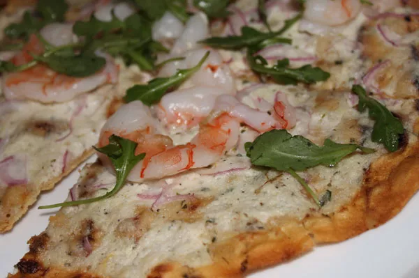 GRILLED SHRIMP FLAT BREAD, arugula, red onion, borsin cheese