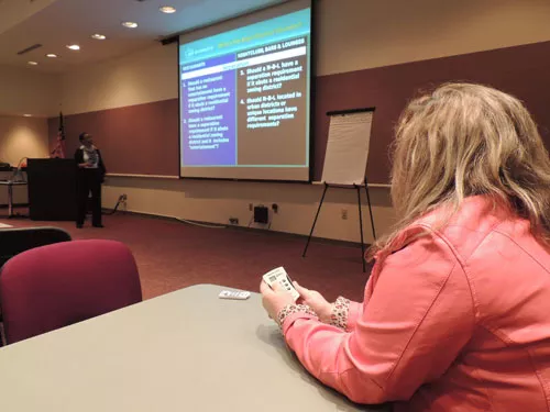 Karen Corzine of the Carolina Entertainment Network participates in an opinion survey using the Planning Department's new polling technology. - RYAN PITKIN