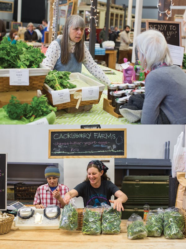 Scenes from a recent Saturday at Atherton Market include Karin Coto of Coto Family Farms (top) answering a customer’s question and the folks with Cackleberry Farms restocking.