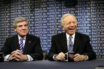 Sen. Ben Nelson with his toupee and fellow Senator Joe Lieberman. Courtesy of FACE THE NATION, KARIN COOPER