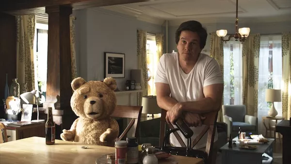 Ted (voiced by Seth MacFarlane) and Mark Wahlberg in Ted (Photo: Universal)