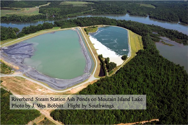 These are the two coal ash ponds on the edge of Charlottes main drinking water reservoir.
