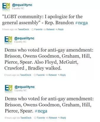 Tweets from EqualityNC following the vote.