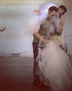 Jon Prichard and Will Rudolph contemplate a bolt of tulle. (Photo Courtesy of XOXO)