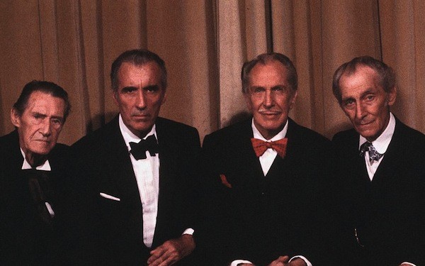 John Carradine, Christopher Lee, Vincent Price and Peter Cushing in a publicity shot for House of the Long Shadows (Photo: Kino)