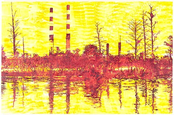 LV Sutton Electric Plant on the Cape Fear River, oil and glass bead on canvas, 11 x 14 x 1/2 in., 2016.