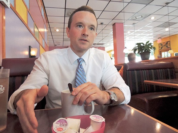 Matt Newton speaks about his campaign at Parkway House Family Restaurant in District 5. (Photo by Ryan Pitkin)