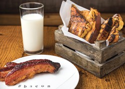 The famous thick-cut bacon from littleSpoon with french toast and milk.