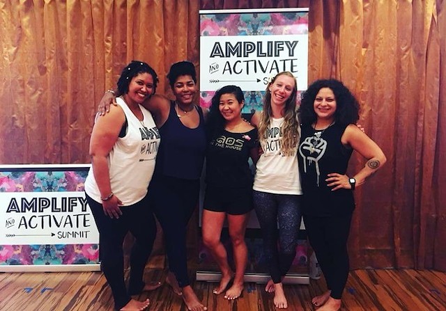 Simthong (center) at a recent panel event with (from left) Jasmine Hines, Kelly Carboni-Woods, Grace Millsap and Vivian Selles. (Photo courtesy of Amplify & Activate)