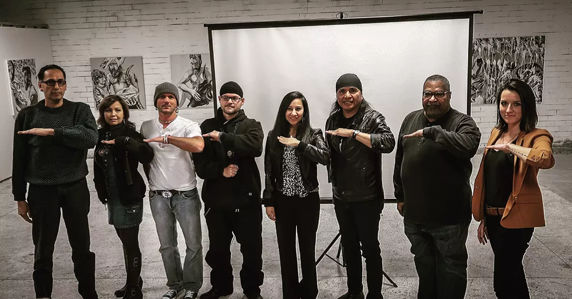 Greeson (third from left), pictured at a Save Oak Flat event in Charlotte earlier this year, will be joined by Perry Eastman (far left), chair of All Nations United, and Toni Henderson, chair of the Metrolina Native American Association, for a panel discussion at CPCC on Wednesday. Photo by Ally Frederick.