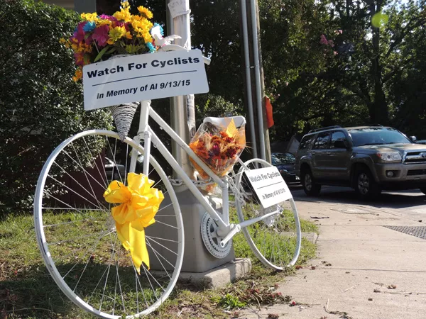 A “ghost bike” was placed at the scene of a crash that took the life of cyclist Al Gorman to memorialize him. (Photo by Ryan Pitkin)