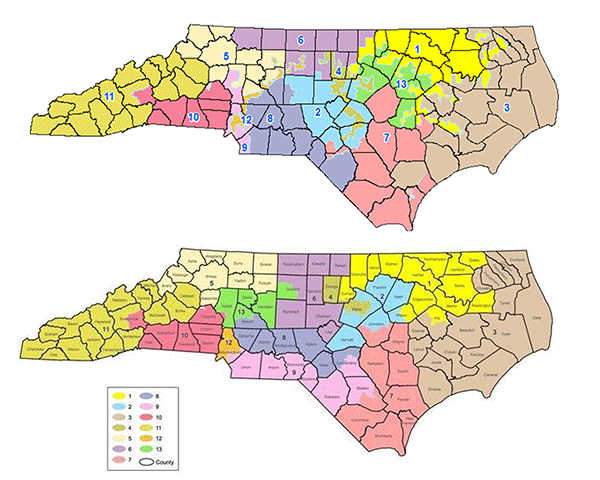 The previous NC congressional district map (top) was struck down as unconstitutional by a district court on Feb. 5. The newly proposed maps (bottom) were drawn on Feb. 19, but also face a pending lawsuit calling them unconstitutional.