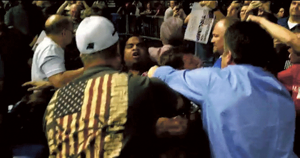 Video of a Trump rally in Fayetteville on March 9 shows men violently reacting to Tony Ndege’s peaceful protest. Another man, 26-year-old Rakeem Jones, was assaulted at the same rally. (Screenshot of video filmed by Patrick O’Boyle.)