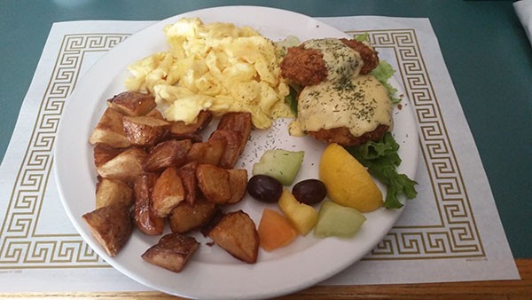 Salmon cakes and egg scramble with fruit at Letty's (Critics' Best Brunch)