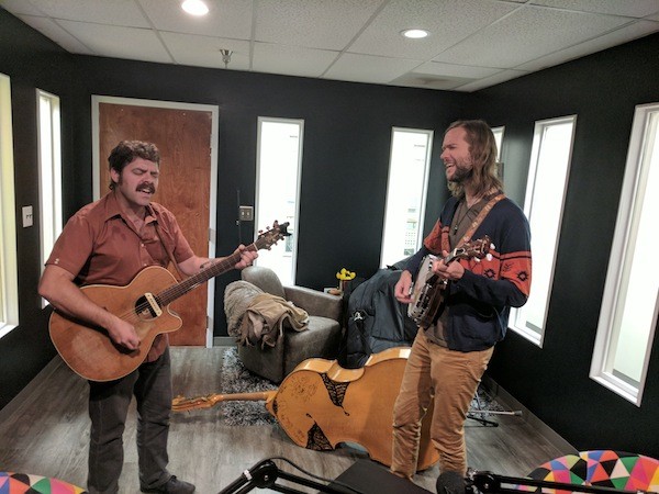 Perry Fowler [left] and Mark Baran of Sinners & Saints play "Mama" in the Hygge West podcast studio.