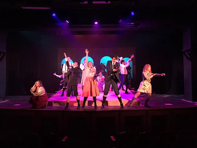Front left to right: Emily Roy, Patrick Stepp, Renee Rapp, Liam Pearce, Jocelyn Cabaniss. Back row left to right: Daniel Hoffman, Morgan Wakefield, Maya Sistruck, Carlos Jimenez. (Photo by Chris Timmons/Theatre Charlotte)