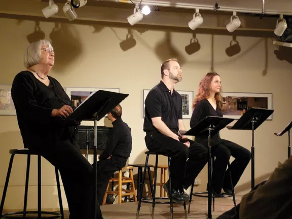 Barbara McMahon Scanlan, Jack Kroll, Michael Frohnhoefer, and Janet Nurre performing "We Cannot Know the Mind of God" by Mikhail Horowitz at Unison in 2008. - STUART BIGLEY