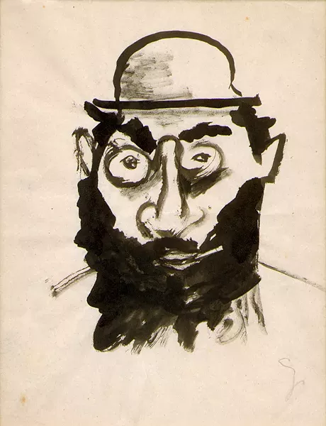 bearded man in small hat, E. E. Cummings, ink on paper