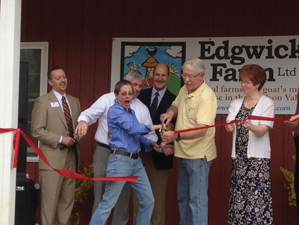 Bill Fioravanti of the Orange County Chamber of Commerce, Talitha Thurau, co-owner of Edgwick Farm, NYS Commissioner of Agriculture Darrel Aubertine, Dan Jones, co-ownerof Edgwick Farm, and Mary Beth Kraftt, Assistant Supervisor, Town of Cornwall, celebrating the opening of Edgwick Farm’s microdairy and creamery on March 21.
