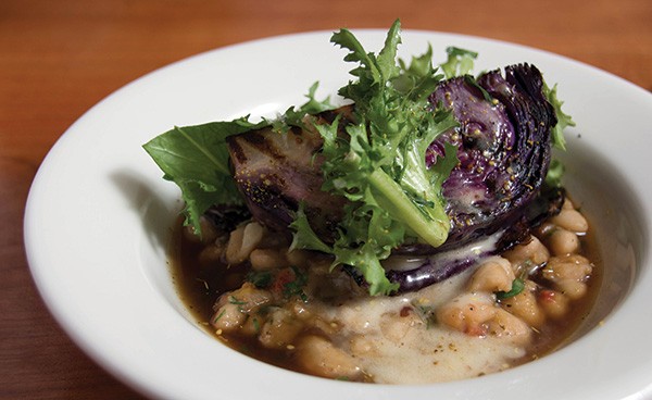 Braised and grilled red cabbage, cannellini beans, and onion broth. - PETER BARRETT