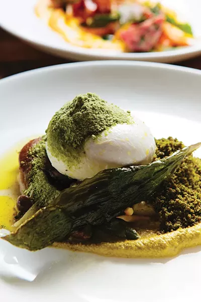 Burrata served with asparagus, morels, ramps, and asparagus mustard - THOMAS SMITH