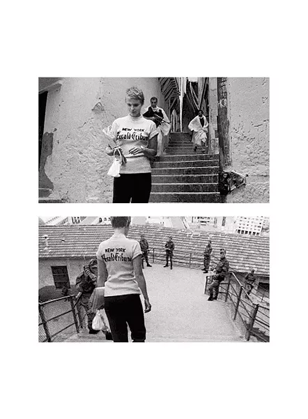 Detail from Double Feature, by Dennis Adams, 2008, a series of composite film stills collaged from individual frames grabbed from Jean-Luc Godard's Breathless (1959) and Gillo Pontecorvo's The Battle of Algiers (1965).