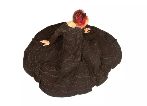 Dress cartography, rayon challais, - single stitched line continuously spirals around the dress from neckline to hemline. From the storm/structure series 2000-2012.Photo by Nancy Donskoj. - NANCY DONSKOJ