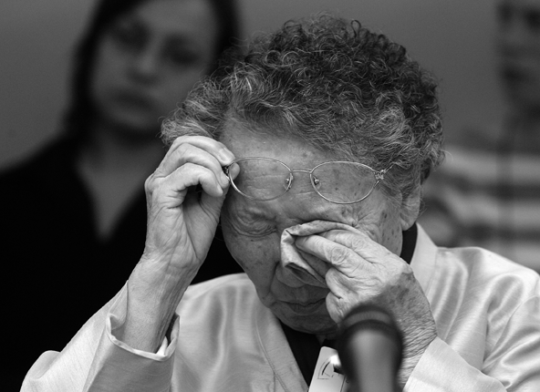 Gil Won Ok, 79, of Pyongyang, north korea, cries during a hearing at the European Parliament in Brussels on November 6, 2007, as she recalls her first time as a “comfort woman.†gil testified that she was forced at age 13 to work as a sex slave for Japanese soldiers. YVES HERMAN/REUTERS