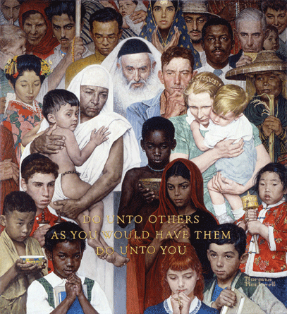 "Golden Rule," Norman Rockwell, oil on canvas, 1961, Norman Rockwell Museum Collections. ©1961 SEPS: Curtis Publishing, Indianapolis, IN