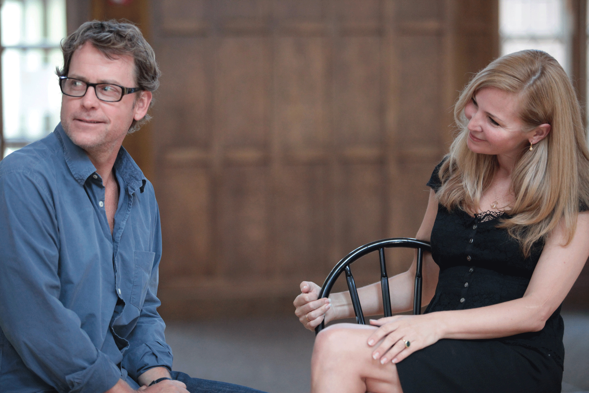 Greg Kinnear and Jennifer Westfeldt in rehearsal for “The Power of Duff” at Powerhouse Theater at Vassar College. Photo: Buck Lewis.