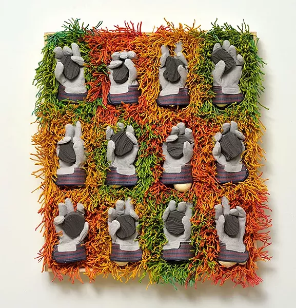 "Hands," Steven Siegel, gloves, paper, sand, poly-twine, paint, 39”x33”x8", 2014 - DOUGLAS BAZ