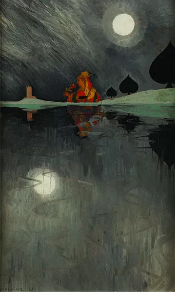 La Dame de pique (Queen of Spades), Georges Malkine, oil and collage on board, 38 x 23 cm, 1926