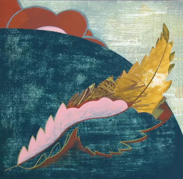 "Leaf in a Landscape no.1", Joy Taylor, acrylic, paper, mylar on panel, 10 x 10 inches