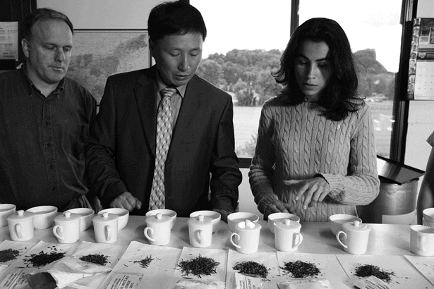 Mike Harney, Shunyong Lu (a supplier), and Elvira Cardenas discuss different green teas and blends. - TERESA  HORGAN