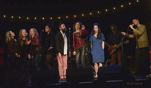 Natalie Merchant, Elizabeth Mitchell, Amy Helm, Simi Stone, Jeremy Bernstein, Bethany Yarrow, Tracy Bonham Fine, and Gail Ann Dorsey at the Frack Action Benefit Concert at Bearsville Theater on March 10.