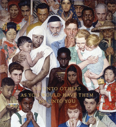 Norman Rockwell, “Golden Rule,” Oil on Canvas, 44 1/2” x 39 1/2”, - Cover illustration for the Saturday Evening Post, April 1, 1961. The Norman Rockwell Museum in Stockbridge houses the world’s largest collection of Rockwell’s work, including 574 original paintings and drawings. - COURTESEY NORMAN ROCKWELL MUSEUM