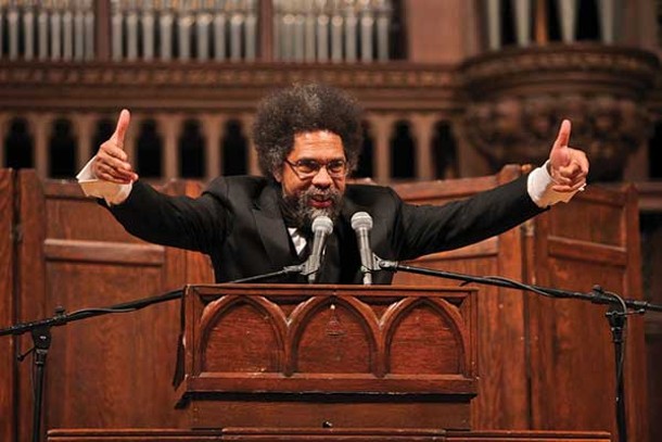 Outspoken Occupy Wall Street supporter Cornel West speaking at Vassar College on November 30. West visited the Occupy encampment in Hulme Park in Poughkeepsie after his lecture. - JOHN ABBOTT © VASSAR COLLEGE