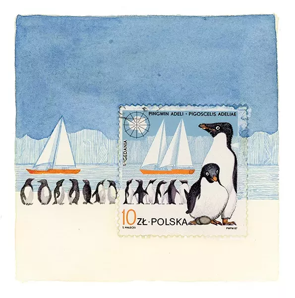 "Penguins," Molly Rausch, watercolor, Gouache, Postage stamp on paper, 3.25" x 3.25", 2013