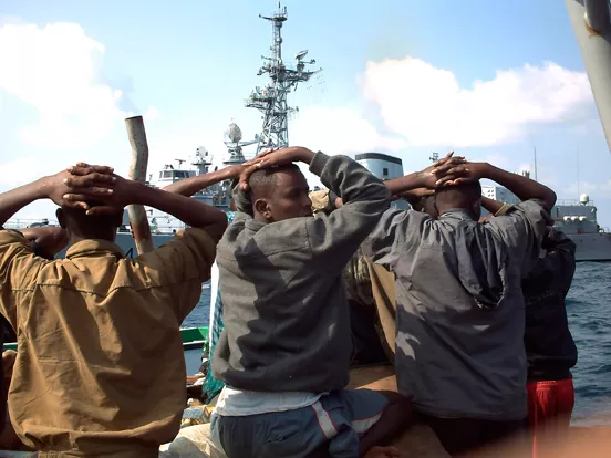 Several of the 19 captured Somali pirates, captured by the french navy on January 4, 2009. the French naval vessel Jean de Vienne, patrolling in the seas off Somalia as part of a European Union anti-piracy force, came to the rescue of two cargo ships in the Gulf of Aden.