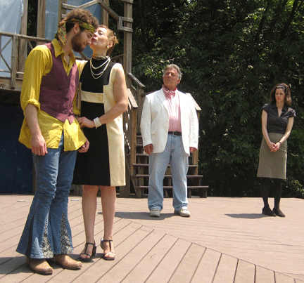 Steve Russumano (Count Bertram), Bethany Goldpaugh-Brown (Countess Rousillon), Joe Felece (Lafeu), and Catherine Domareki (Helena) in "All's Well That Ends Well," directed by David Aston-Reese.