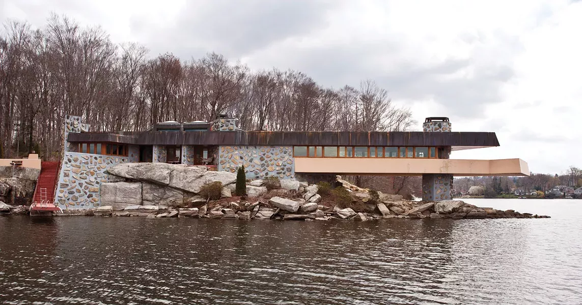 The Frank Lloyd Wright-inspired Massaro House on Petra Island in Lake Mahopac. Built in 2008, the structure is based on plans drawn up by Wright in 1951.