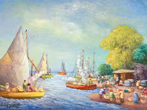 The postcard image for this year’s event is a painting by Galland Semerand, titled When My Ship Comes In. Using a softer palette, the artist captures a serene moment in a coastal village. The community in the painting and its harmonious coexistence with nature remind us of the richness of life that we so often see in our mountain village of Chermaitre.